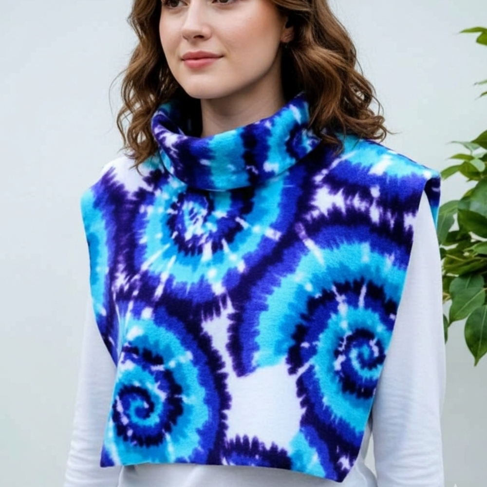 Women's  Fake Turtleneck Dickey Blue and Purple Tie-Dye Cowl Neck Sweater